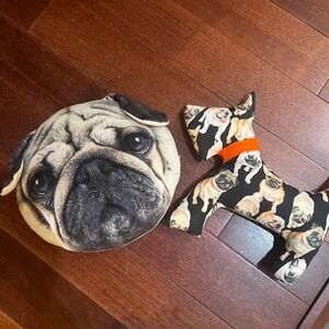 Pug Decorative Pillow Set Realistic 3D Face and Pug Print Scottie Shape Plush